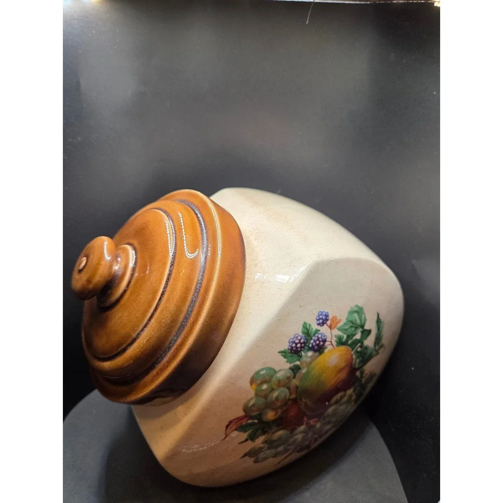 Nelson McCoy Tilted‎ Canister Fruit Festival Pattern Vintage Cream Brown Large